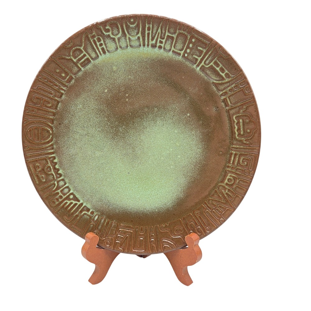 Frankoma Mayan Relief Plate 10in Aztec Tribal Art Pottery Rustic MCM Mid Century
